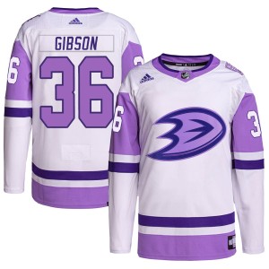 Men's Anaheim Ducks John Gibson Adidas Authentic Hockey Fights Cancer Primegreen Jersey - White/Purple